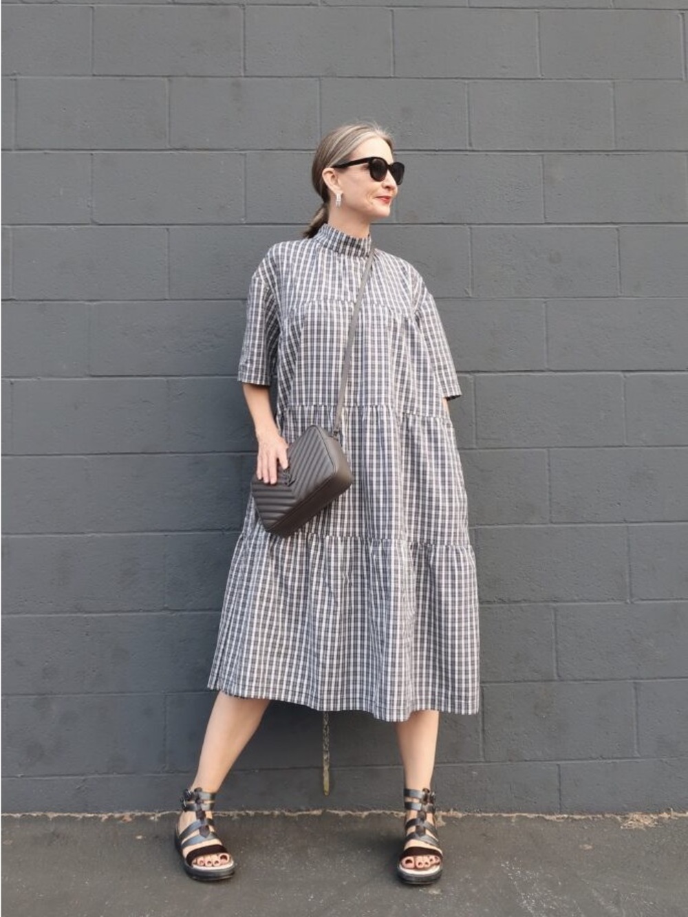 Everlane Navy Check Tiered Midi Dress